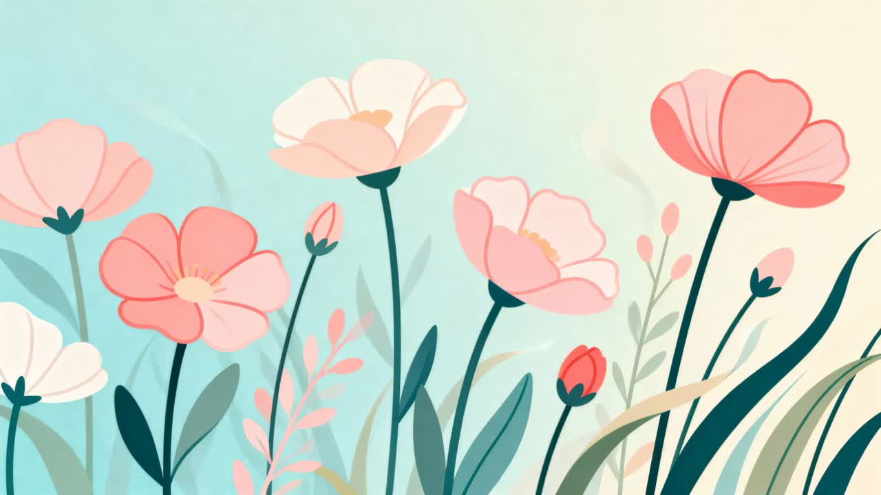 Swaying stylized wildflowers responding to gentle breeze in pastel meadow, with closed bud right