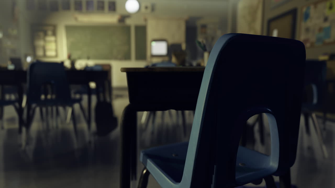 Empty classroom setting with a focus on chair and desk during quiet time