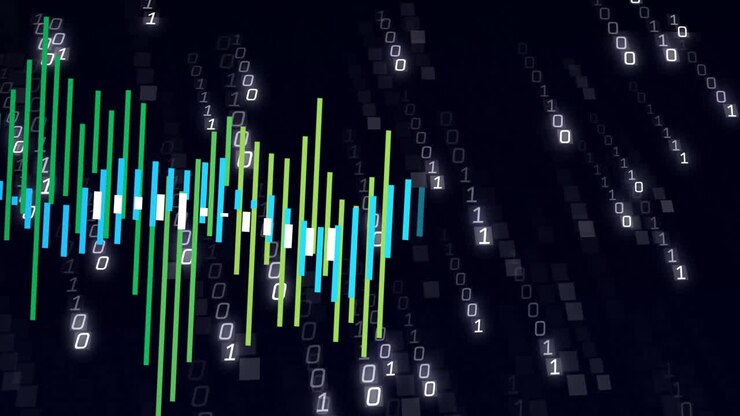 Binary code and colorful bar graph animation representing data analysis