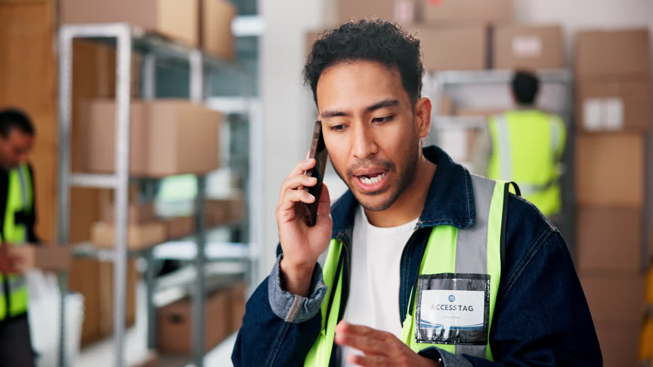 Warehouse employee on a phone call