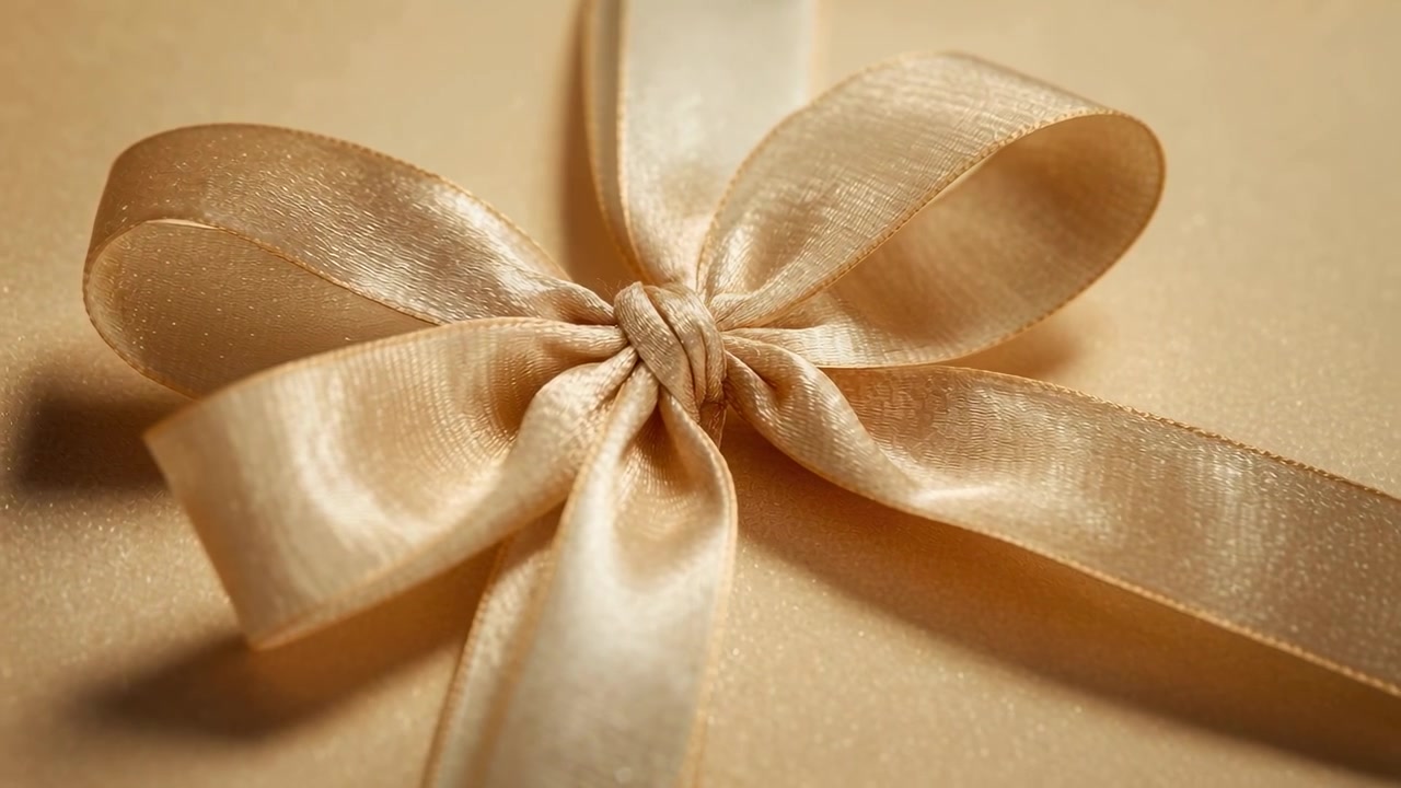 Shifting camera capturing gold satin bow on gift box in studio, emphasizing knot sheen