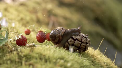 close-up de la vida silvestre de una y fresas silvestres y caracol en la fuerte lluvia en el bosque. disparado en cámara súper lenta 1000 fps.