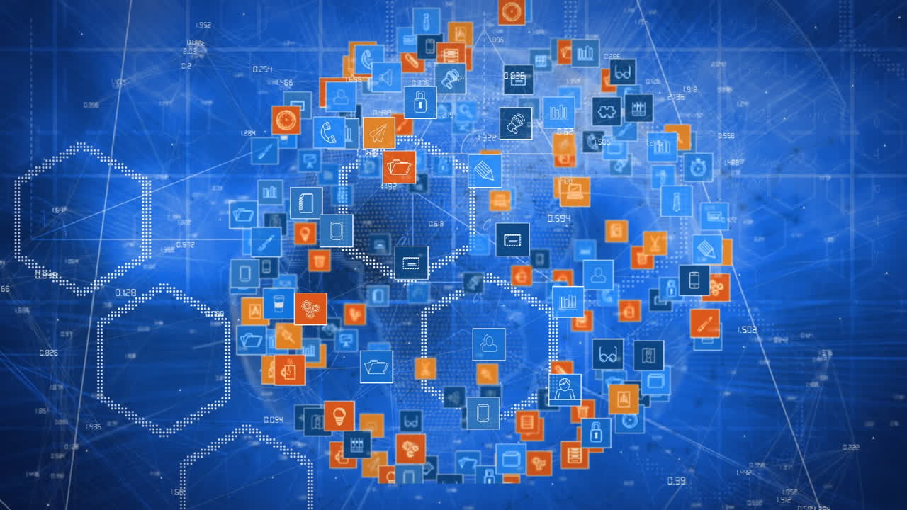 animación de un globo giratorio de iconos conectados a través de la red y procesamiento de datos en azul