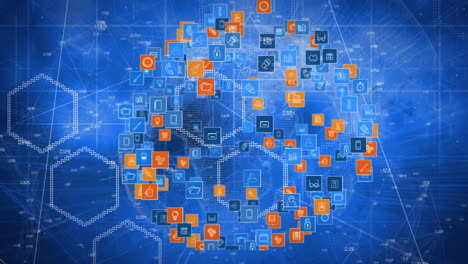 animación de un globo giratorio de iconos conectados a través de la red y procesamiento de datos en azul