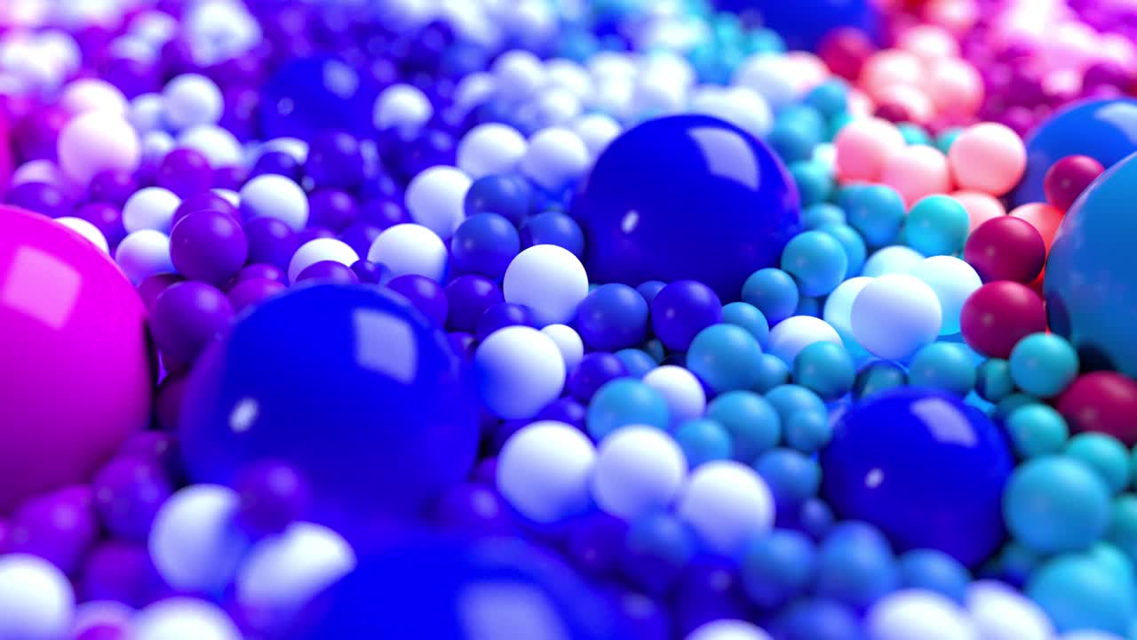 composición de luz con bolas coloridas que cubren la superficie, algunas de las cuales brillan. 3d en 4k fondo abstracto con animación fluida de esferas con profundidad de campo