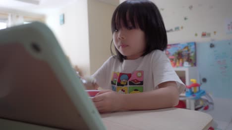 five-year old chinese girl eating alone while looking at a digital tablet screen, reading or watching something as her eyes glued to the tablet and eating