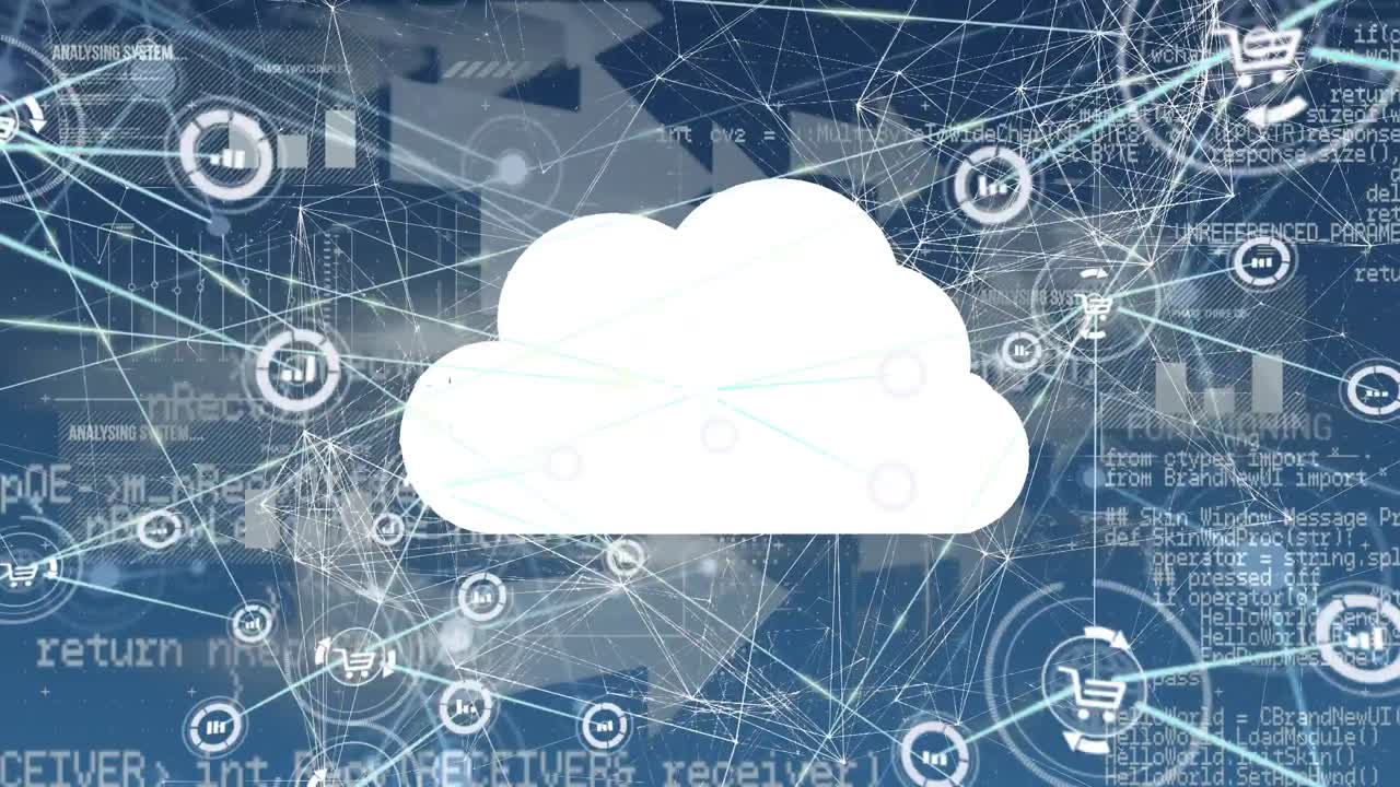 Animation of data processing and cloud over network of connections