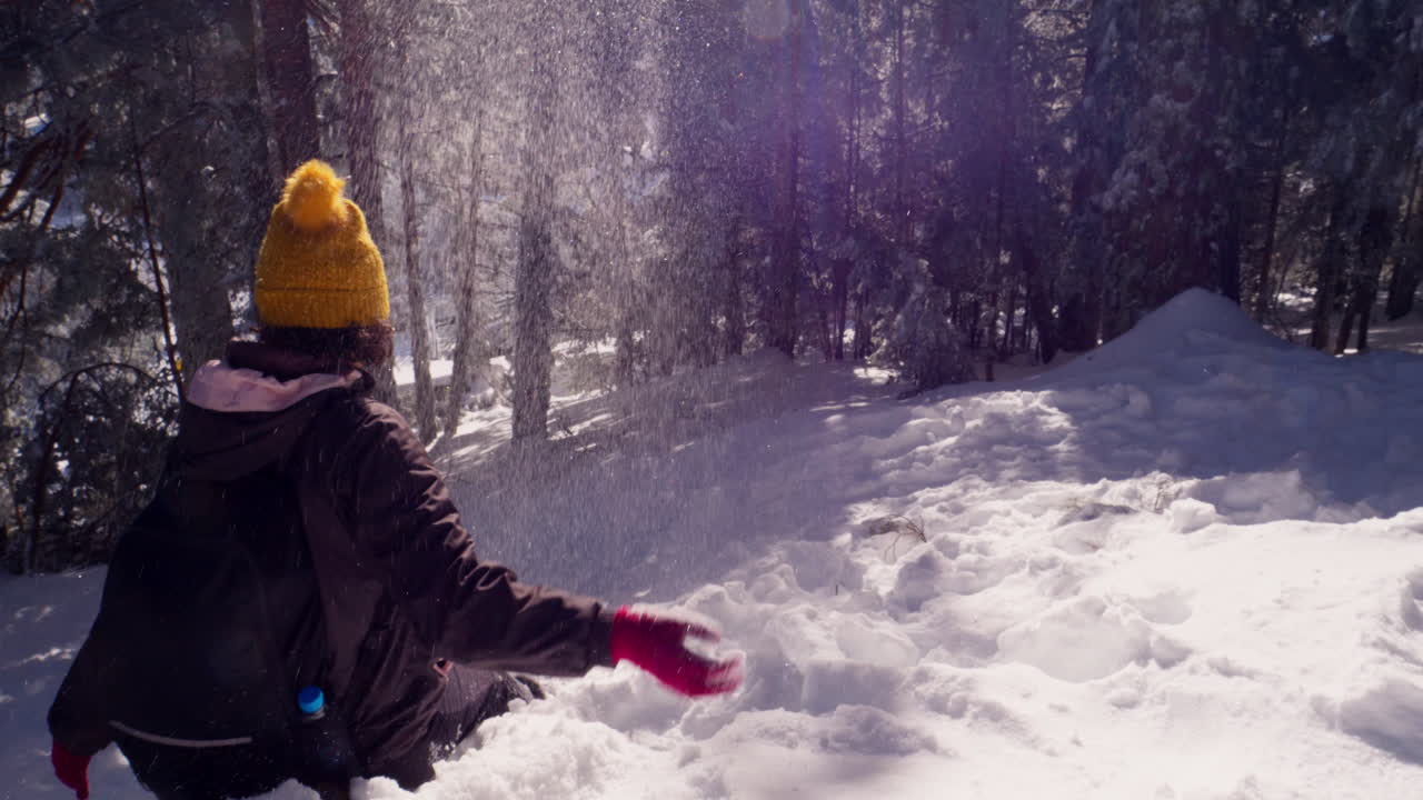 Pessoa Brincando com Neve em Floresta de Inverno Ensolarada