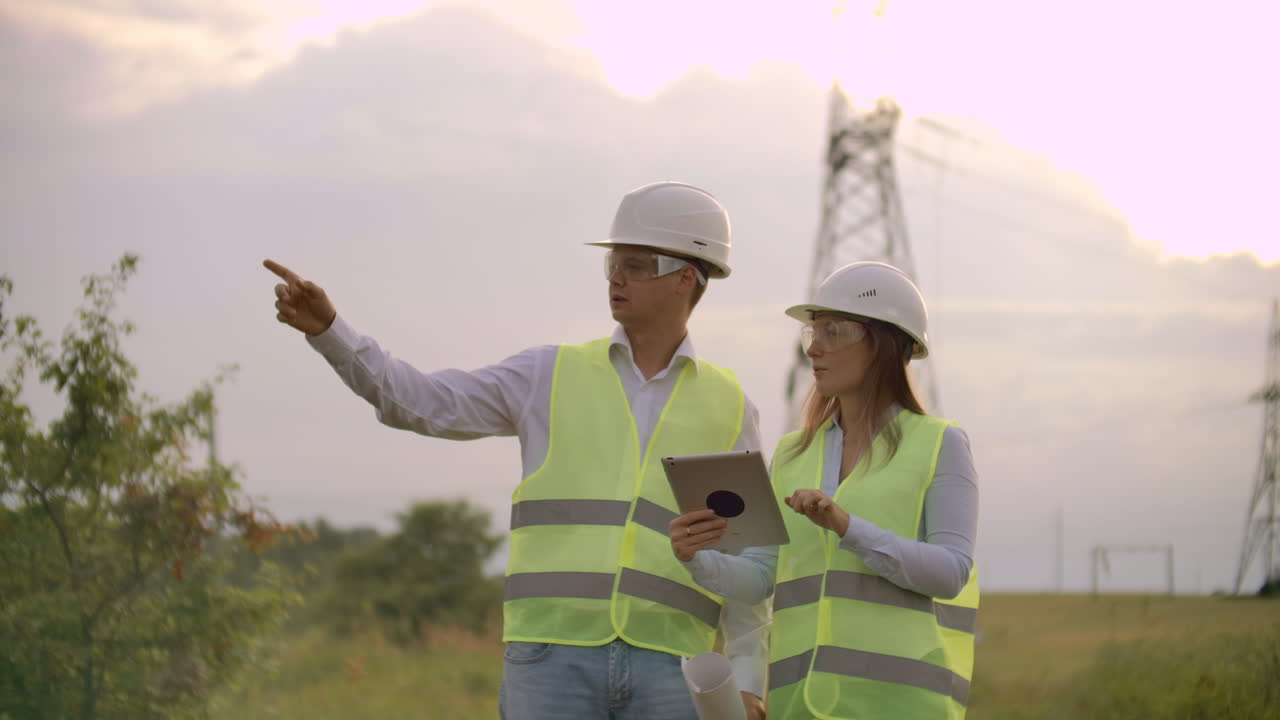 Engineers in uniform working with a laptop near transmission lines.