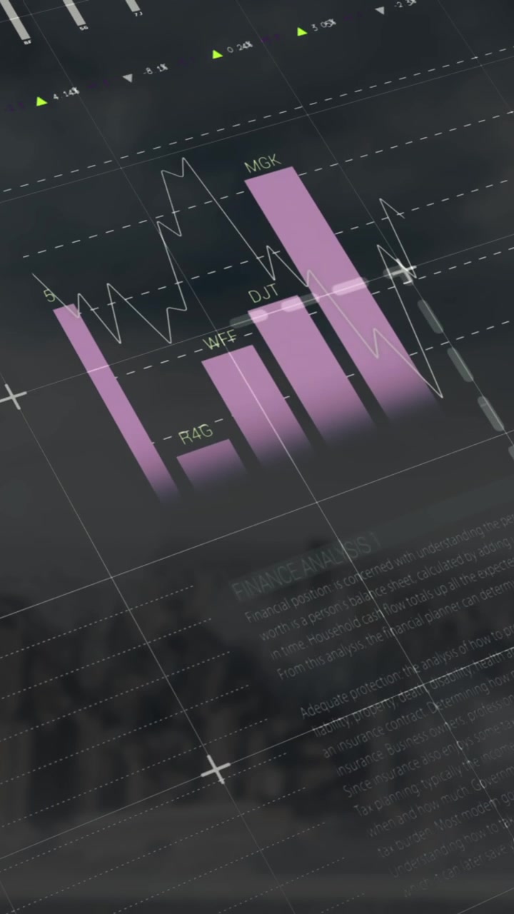 Animation of multicolored infographic interface over modern cityscape against cloudy sky