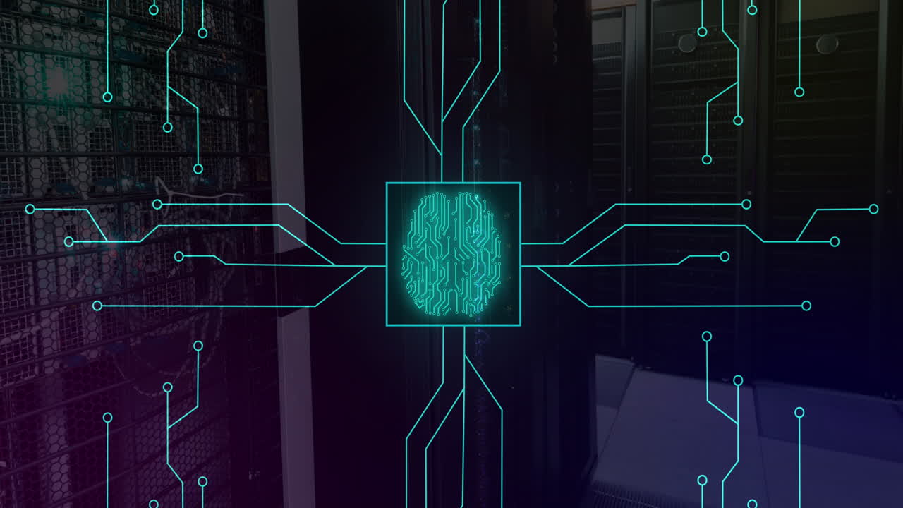 animación de un patrón de placa de circuito iluminado alrededor del cerebro en el cuadrado sobre la sala del servidor