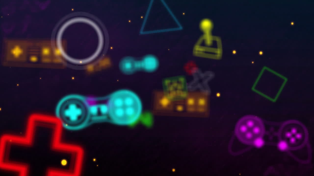 검은색 배경에서 움직이는 네온 비디오 게임 아이템의 애니메이션