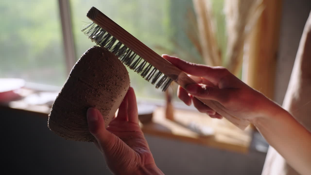 limpiando una olla de arcilla
