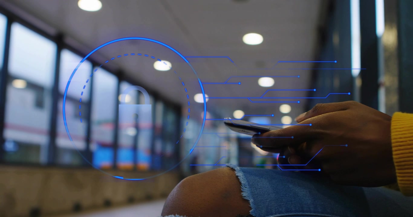 Woman tapping phone over denim knee in station, blue HUD expanding from phone displaying schedule