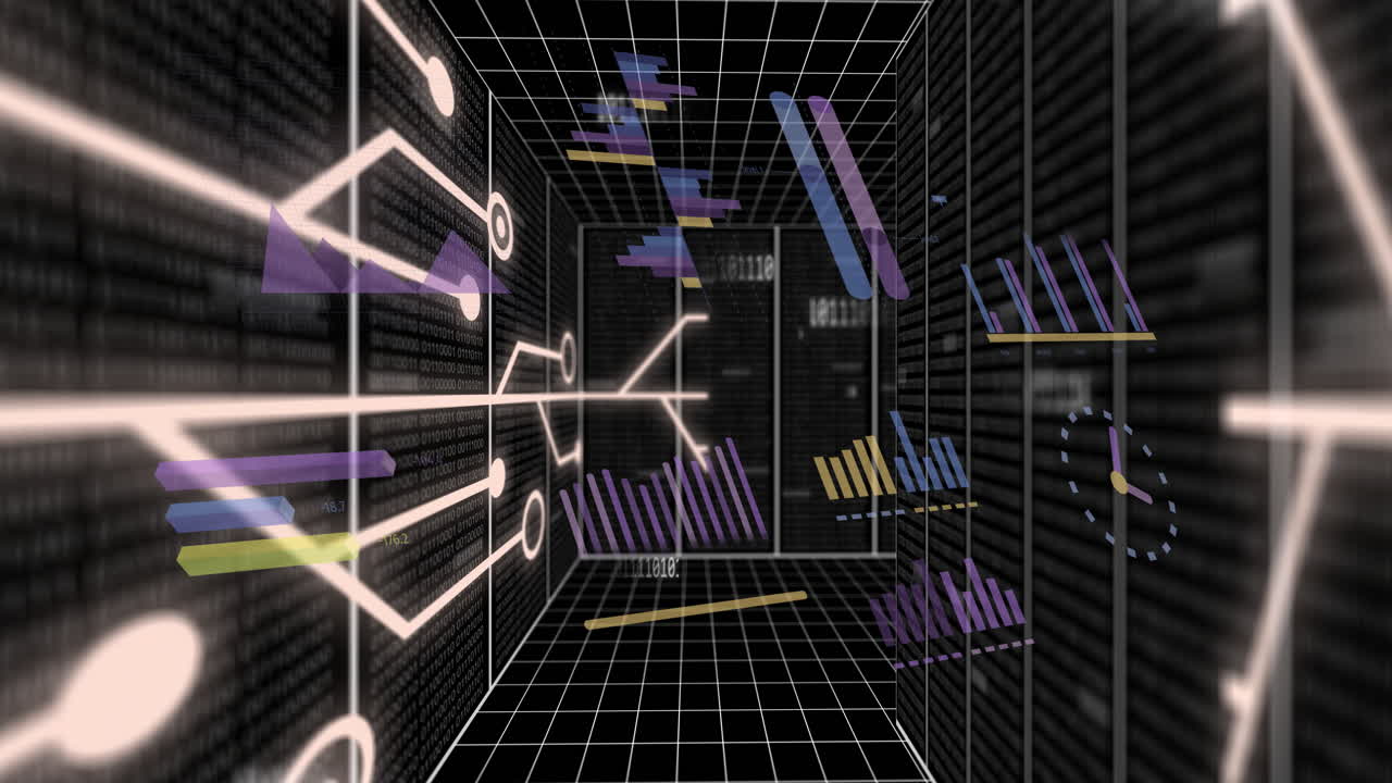 animación del procesamiento de datos financieros y de la placa de circuitos sobre un fondo oscuro