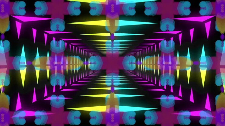 Kaleidoskopické tvary pohybující se hypnoticky na černém pozadí