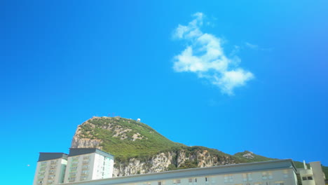 scenic view of the iconic rock of gibraltar with residential buildings in the foreground, set against a vibrant, clear blue sky