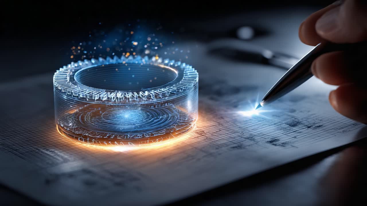 Transforming Ideas into Reality: A Close-Up of a High-Tech Interface with a Holographic Cylinder and Pen Highlighting Innovative Technology Concepts