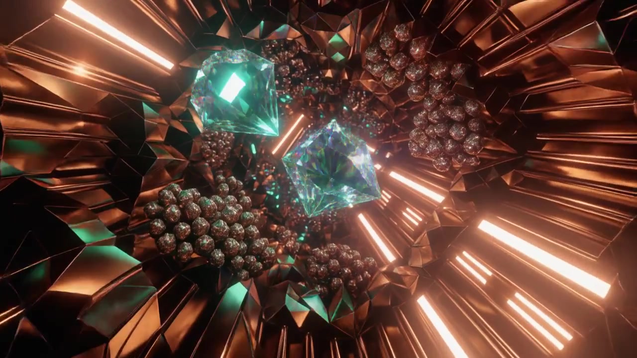 Abstract 3D Animation of Glowing Diamonds in a Copper Geometric Tunnel