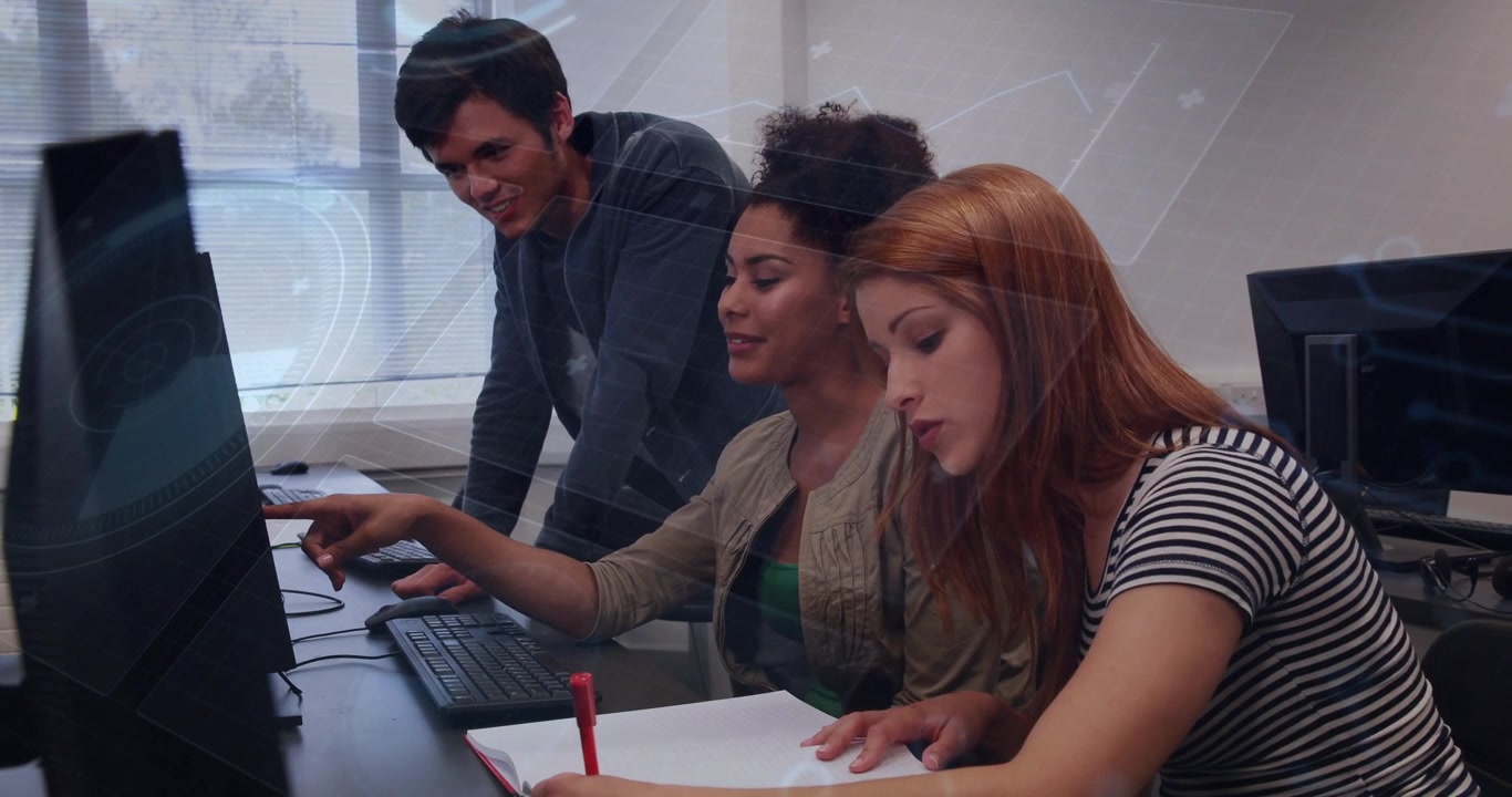 Man pointing monitor, guiding two women typing and noting for class, overlays highlighting screen