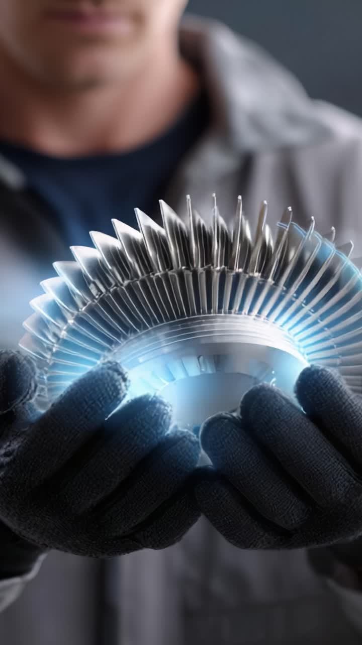 A close-up view of a person holding a luminous, intricate turbine component that emits glowing light, showcasing engineering prowess and innovative design elements in action