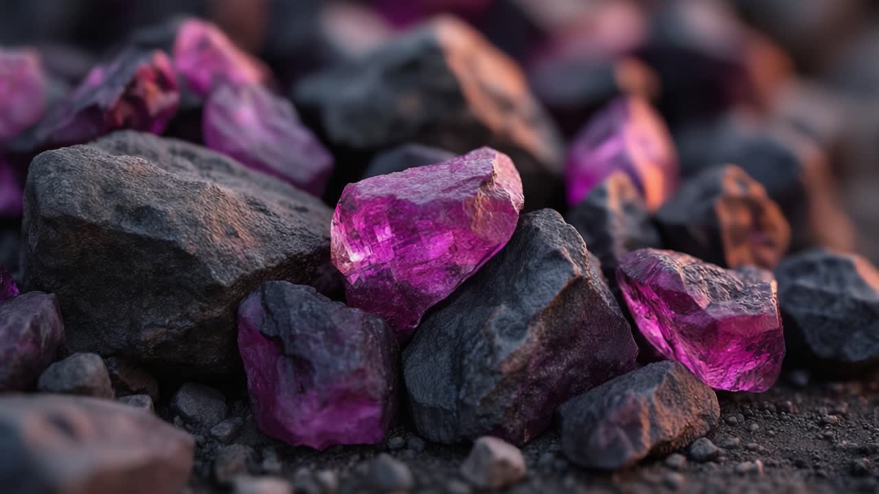 A Magnificent Collection of Amethyst Crystals Nestled Among Dark Rocks, Capturing the Beauty of Nature's Precious Gems Shimmering in the Light