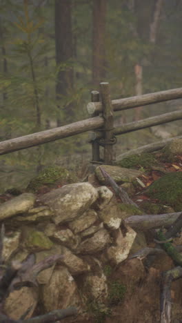 foggy forest scene with wooden fence and stone wall