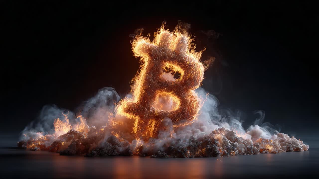 A Captivating Display of a Flaming Bitcoin Symbol Rising from the Ground, Surrounded by Smoke and Fire, Representing the Intensity of Cryptocurrency Impact