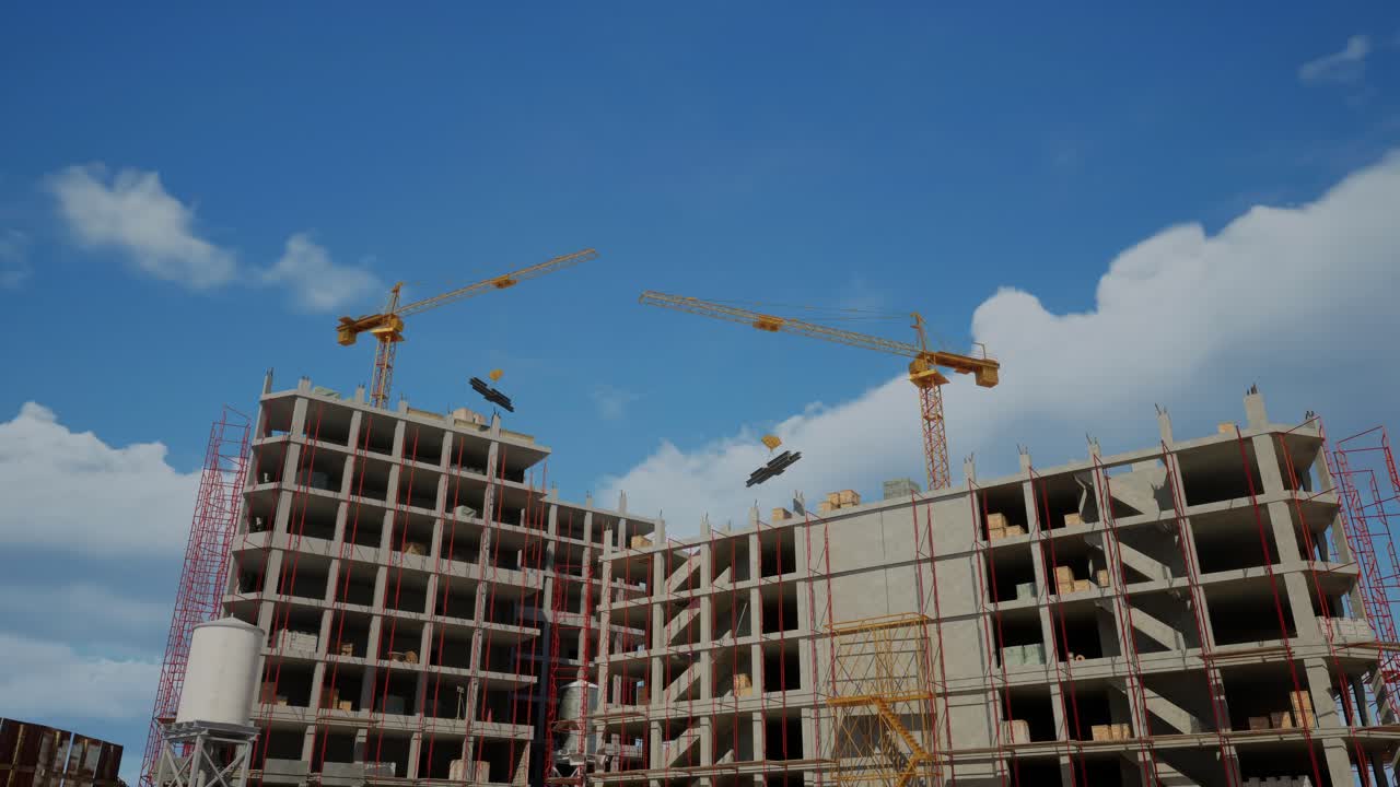 sitio de construcción con grúas y andamios