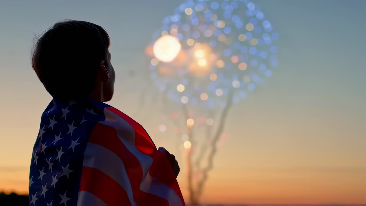 Patriotic child admiring colorful fireworks display during national holiday celebration, creating a heartwarming scene of childhood wonder and national pride