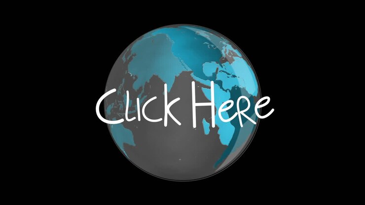 Animation of click here text over globe on black background