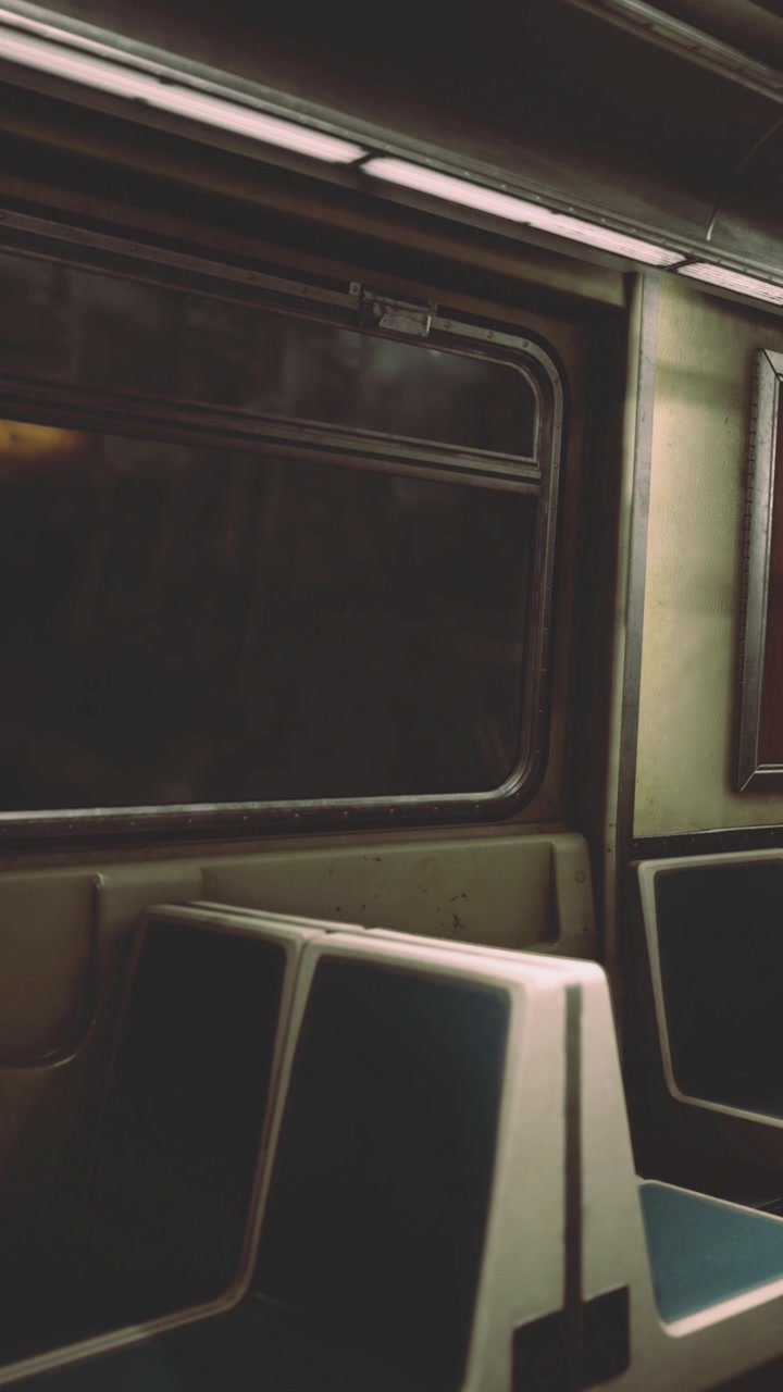 Ansicht eines leeren U-Bahn-Wagens mit Sitzen und einem Fenster in einem Stadtgebiet