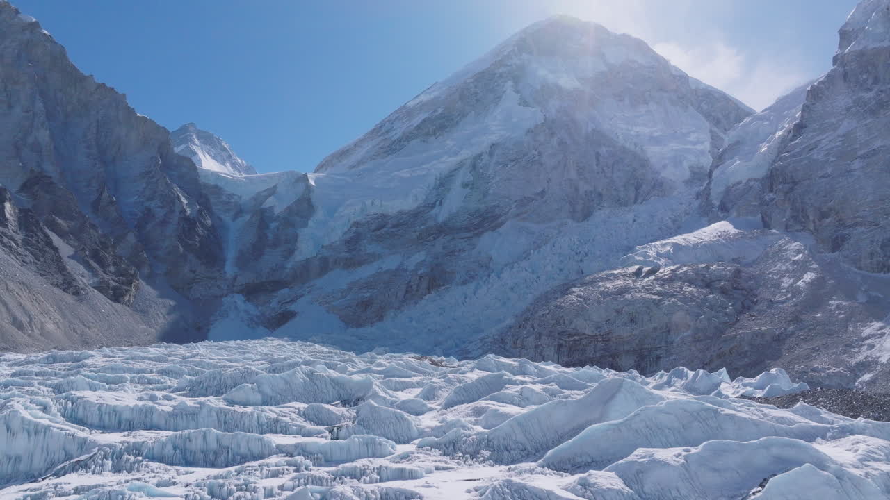 Aerial view of Everest Base Camp with snow-capped peaks, Khumbu glaciers, clear blue skies, and the world’s highest mountain range shining on sunrays under clear blue sky, lands filled with dense snow