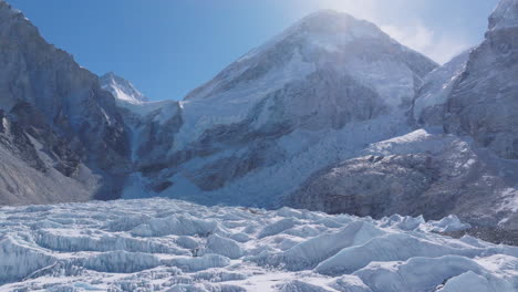 aerial view of everest base camp with snow-capped peaks, khumbu glaciers, clear blue skies, and the world’s highest mountain range shining on sunrays under clear blue sky, lands filled with dense snow