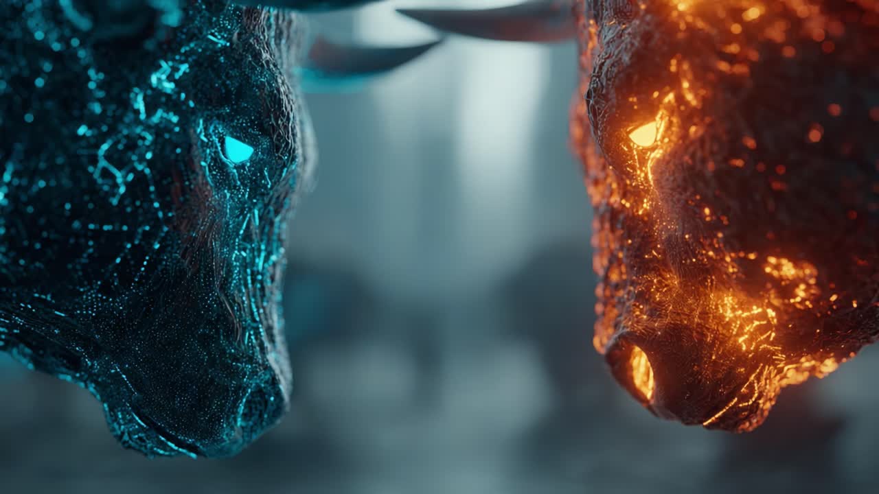 A Captivating Face-off Between Two Majestic Bulls: The Striking Contrast of Blue and Orange Amidst a Dizzying Digital Landscape