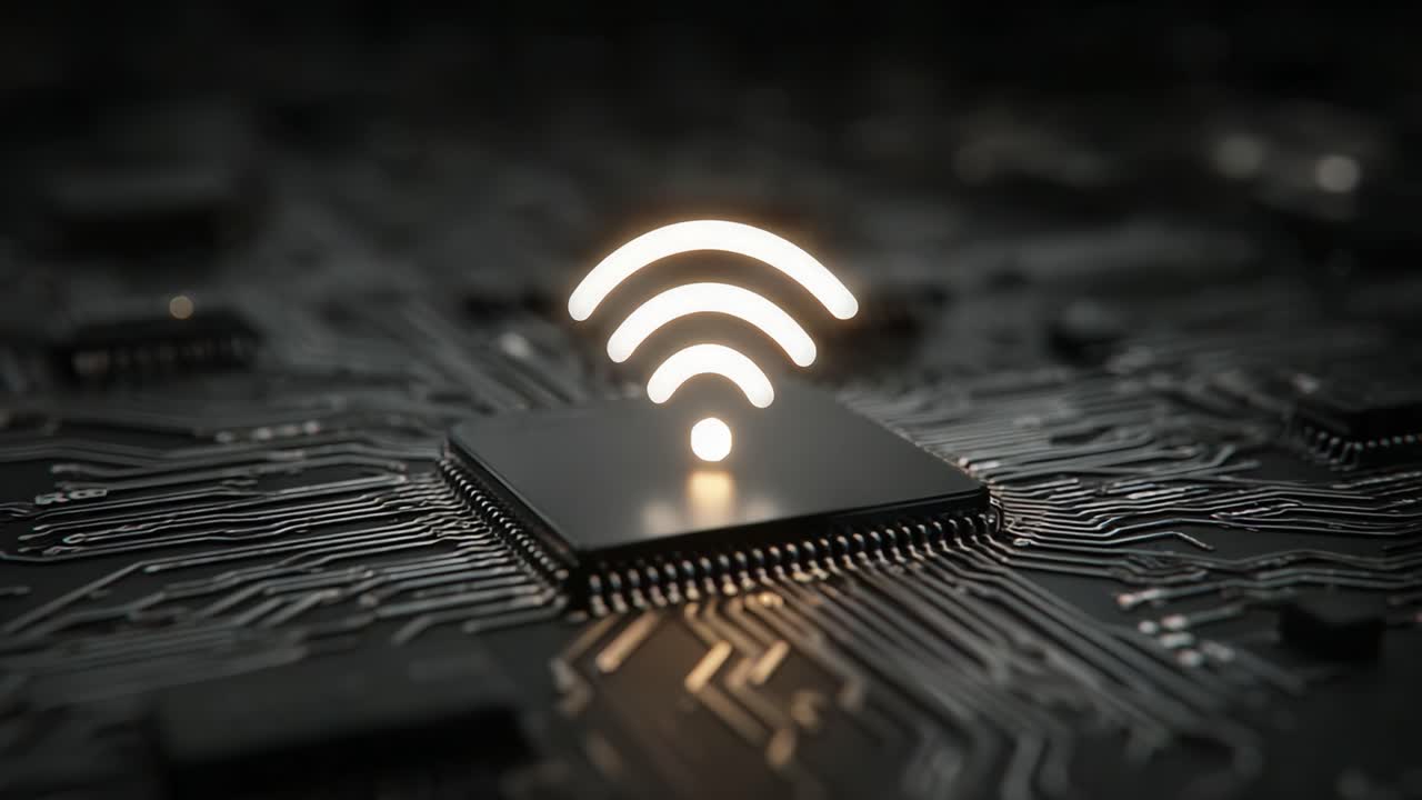 A close-up view of a silicon microchip featuring a glowing Wi-Fi signal icon, illustrating the connection between technology and wireless communication