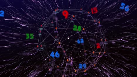 Animation-of-firework-over-global-communication-network-and-data-processing-on-black-background