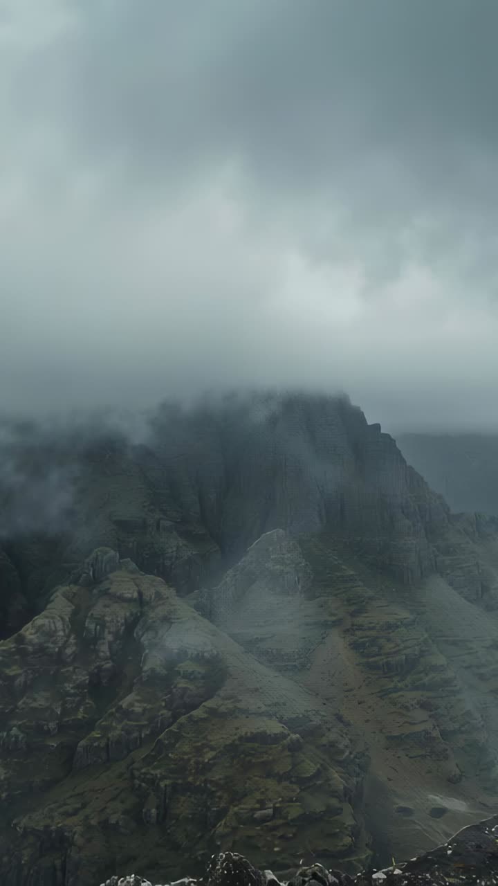 Video vertical: Nubes bajas empujadas hacia abajo en una cresta irregular, el viento oscureciendo las cumbres y cubriendo la pedrera.