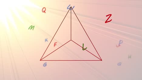 animación de líneas triangulares y letras de colores que se mueven sobre haces parpadeantes de luz brillante