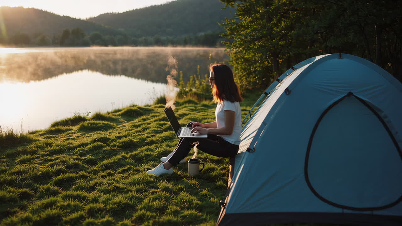 Woman working on laptop while camping by a misty lake at sunrise