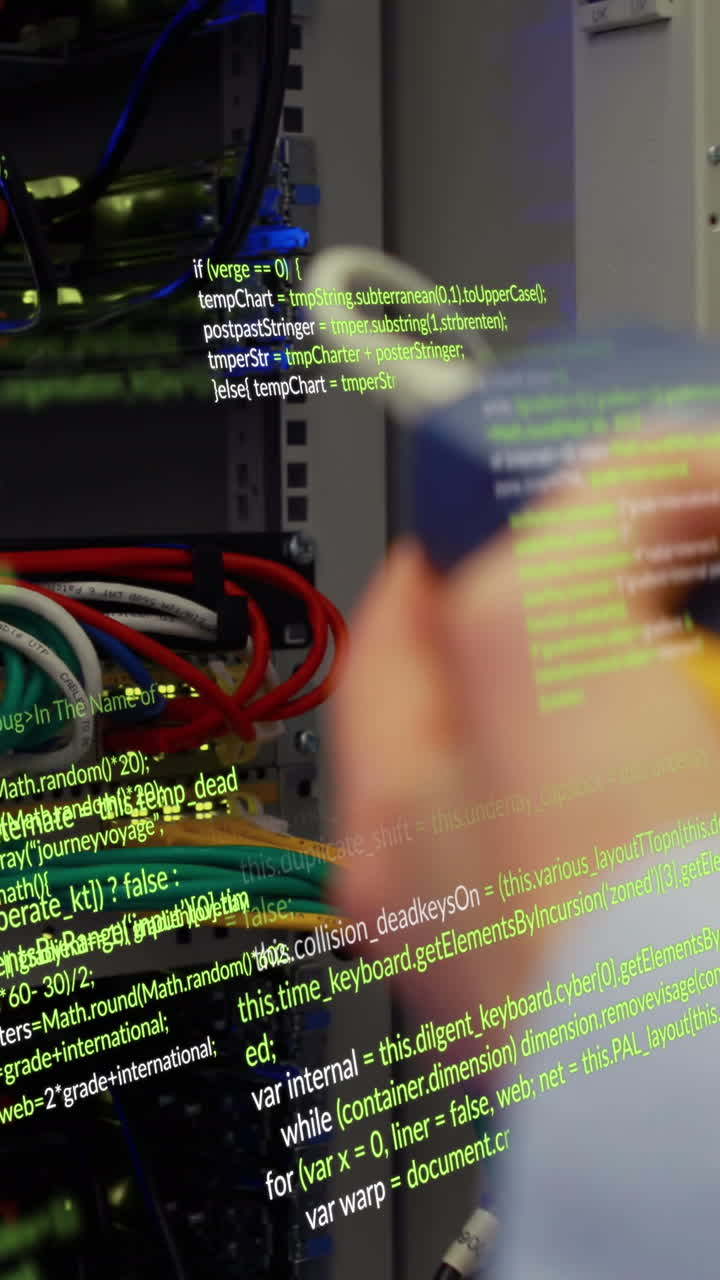 animación del procesamiento de datos sobre una mujer caucásica en la sala de servidores