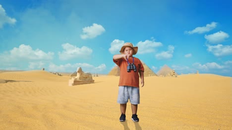 disappointed child in egyptian desert with binoculars