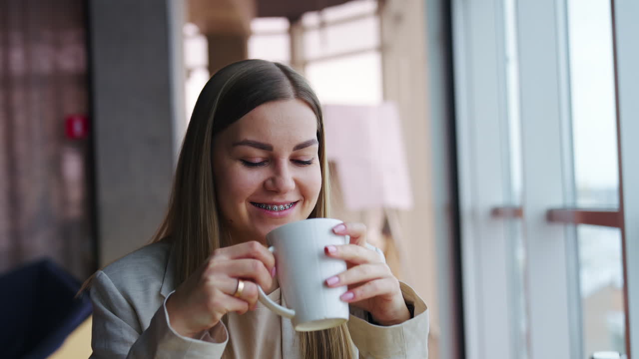 Happy smiling lady enjoys rest and tea during lunch break. Young woman looks dreamily into the window.