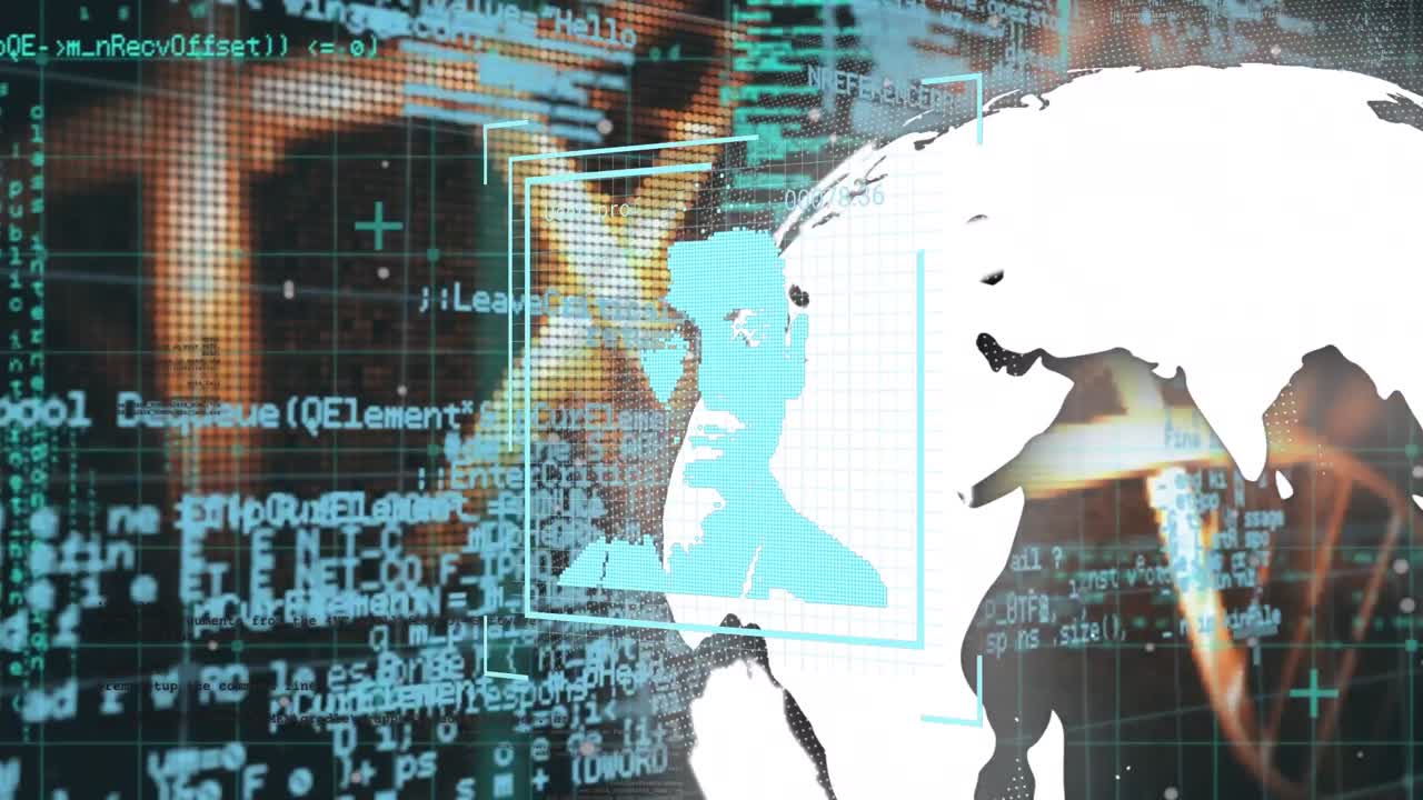 dna 가닥의 애니메이션, 지구상의 데이터 처리 및 어두운 배경의 생체 인식 얼굴 id