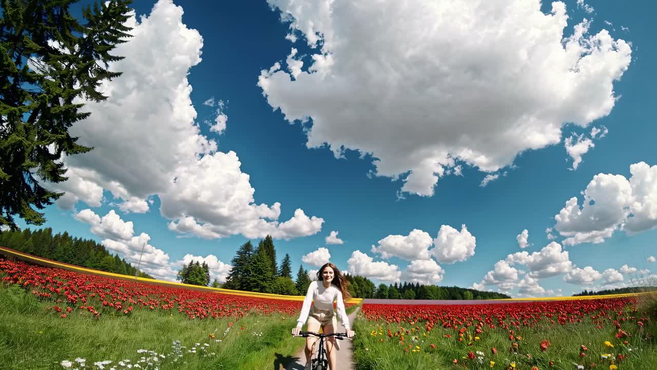 Wide-angle video shot of a woman cycling through a vibrant poppy field under a vast sky with fluffy