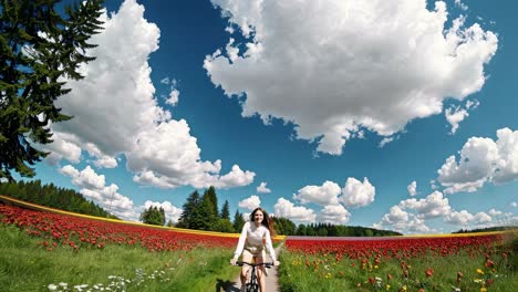 wide-angle video shot of a woman cycling through a vibrant poppy field under a vast sky with fluffy