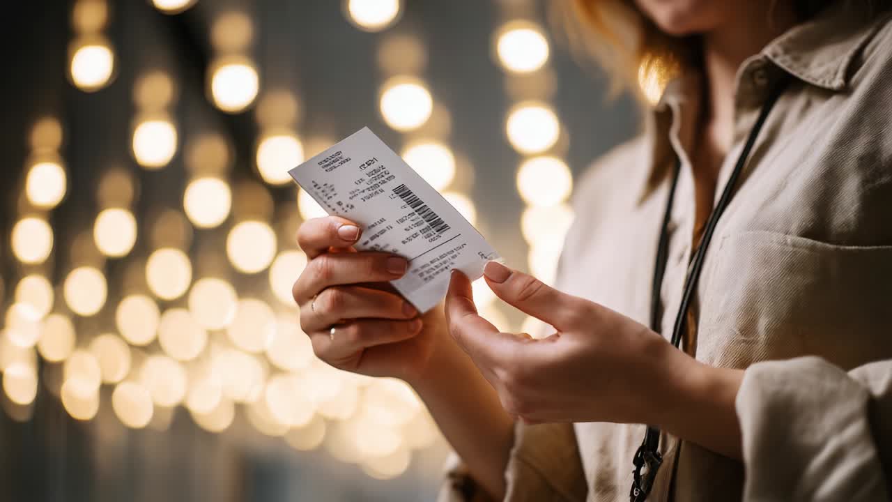 A Close-Up View of a Person Holding a Ticket in Their Hands, Surrounded by Soft, Glowing Lights, Capturing a Moment of Anticipation and Excitement in a Beautifully Lit Environment