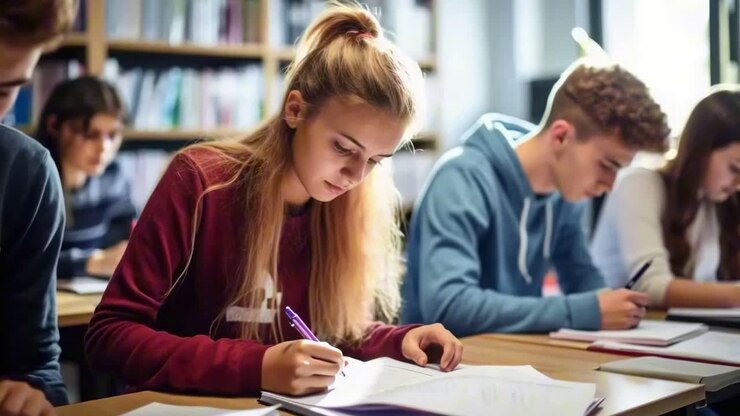 Un gruppo concentrato di studenti che scrivono in un'aula, ripresi da un angolo laterale
