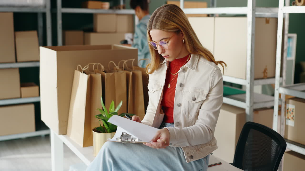 Woman working in warehouse preparing packages