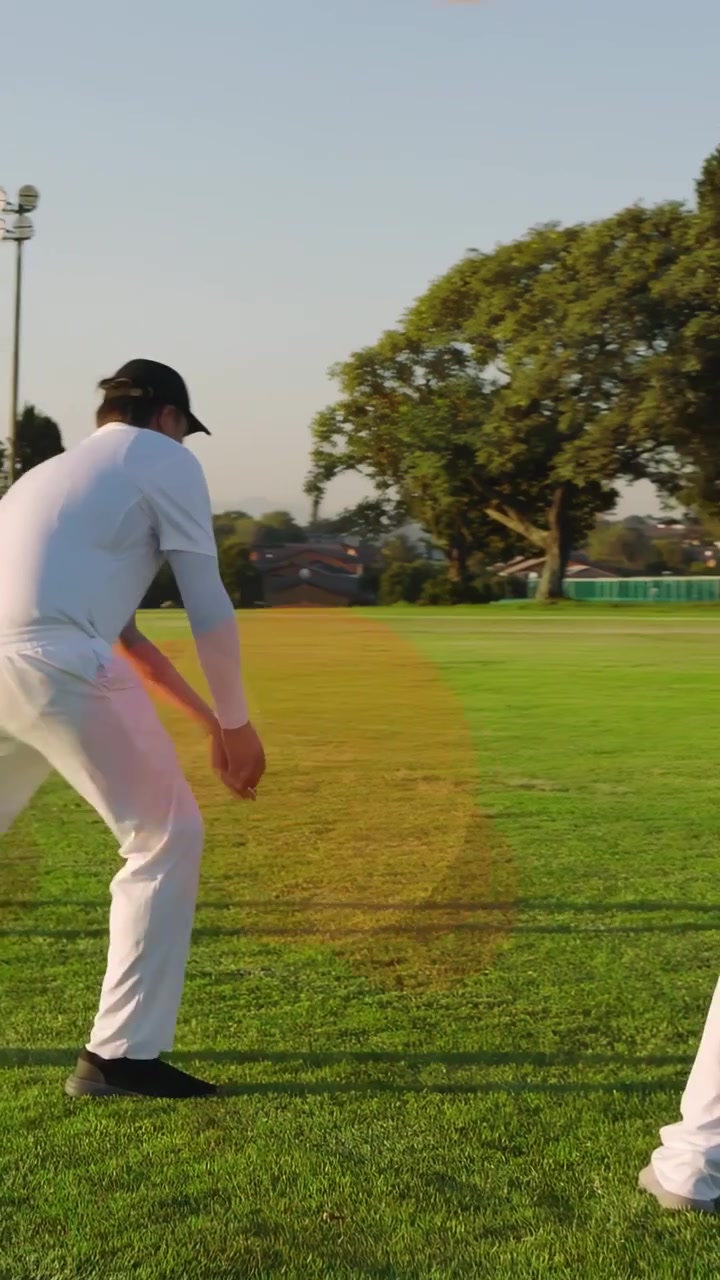 Video verticale: Giocatori di cricket si muovono a destra con la mazza in mano, recuperando la palla che genera punti rosa scintillanti e nasconde i giocatori.